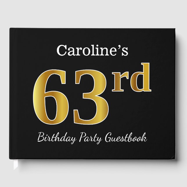 Libro De Visitas Black, Faux Gold 63rd Birthday Party + Custom Name (Anverso)