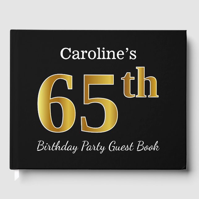 Libro De Visitas Black, Faux Gold 65th Birthday Party + Custom Name (Anverso)