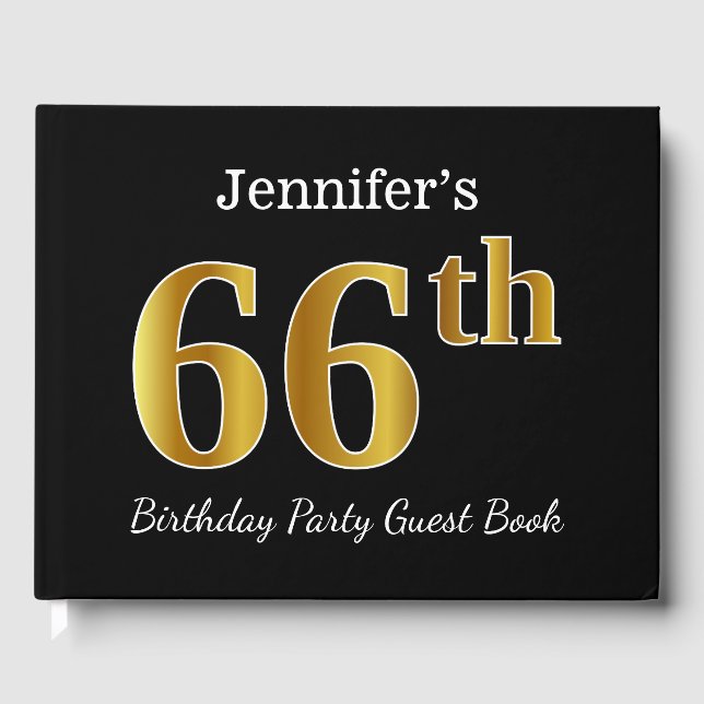 Libro De Visitas Black, Faux Gold 66th Birthday Party + Custom Name (Anverso)