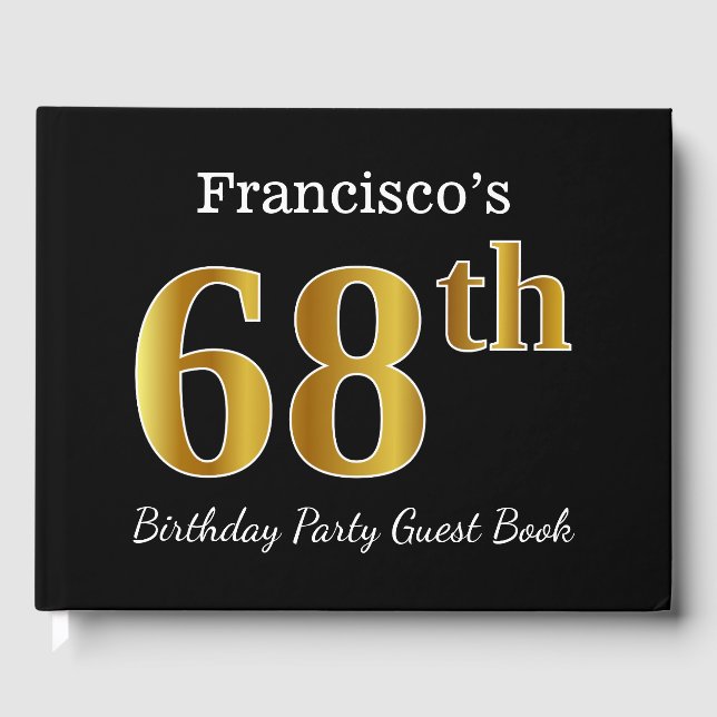 Libro De Visitas Black, Faux Gold 68th Birthday Party + Custom Name (Anverso)