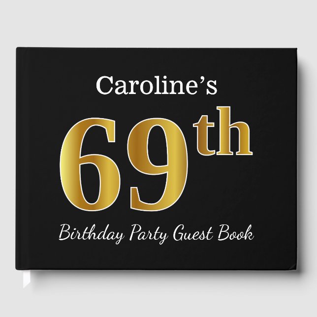 Libro De Visitas Black, Faux Gold 69th Birthday Party + Custom Name (Anverso)