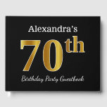 Libro De Visitas Black, Faux Gold 70th Birthday Party   Custom Name<br><div class="desc">El diseño de este libro de huéspedes incluye el número ordinal "70" con un aspecto falso dorado. También incluye un nombre personalizado y un fondo de color negro. Se podría usar en un fiesta para alguien que celebre su septuagésimo cumpleaños. [~Z0000054]</div>