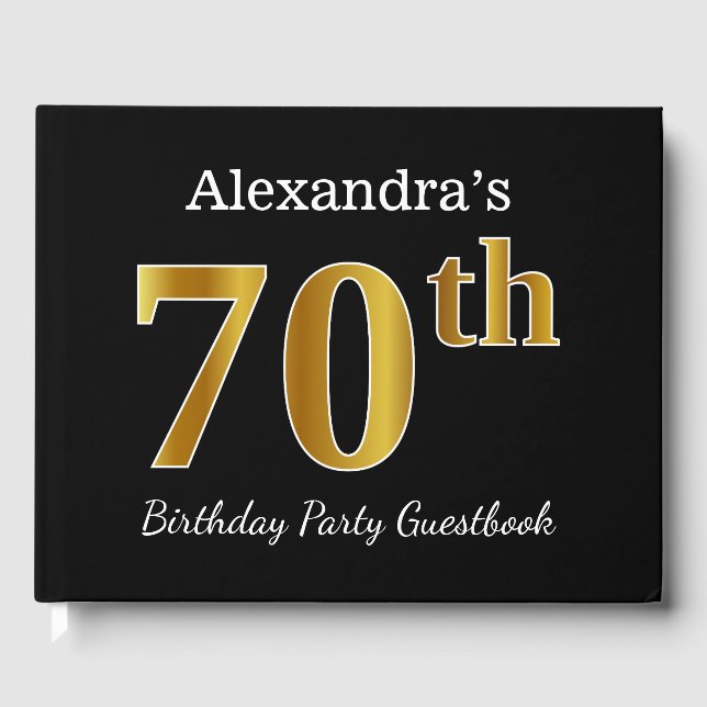 Libro De Visitas Black, Faux Gold 70th Birthday Party + Custom Name (Anverso)