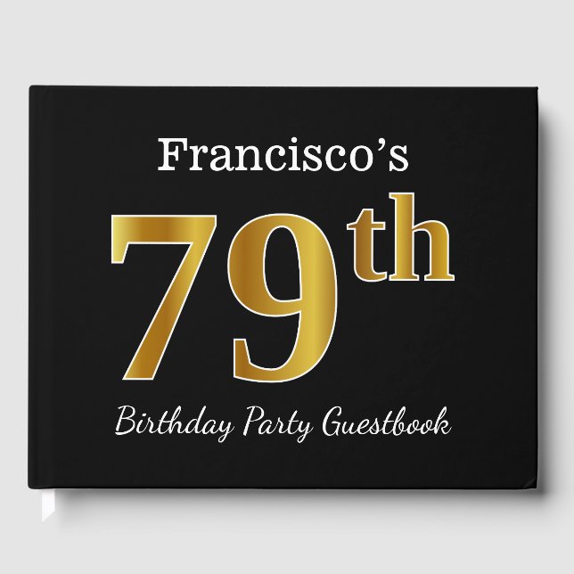 Libro De Visitas Black, Faux Gold 79th Birthday Party + Custom Name (Anverso)