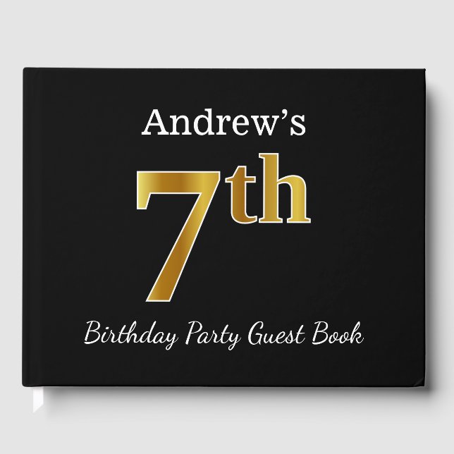 Libro De Visitas Black, Faux Gold 7Cumpleaños Party + Custom Name (Anverso)