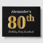 Libro De Visitas Black, Faux Gold 80th Birthday Party   Custom Name<br><div class="desc">El diseño de este libro de huéspedes incluye el número ordinal "80th" con un aspecto falso dorado. También incluye un nombre personalizado y un fondo de color negro. Se podría usar en un fiesta para alguien que celebre su ochenta cumpleaños. [~Z0000054]</div>