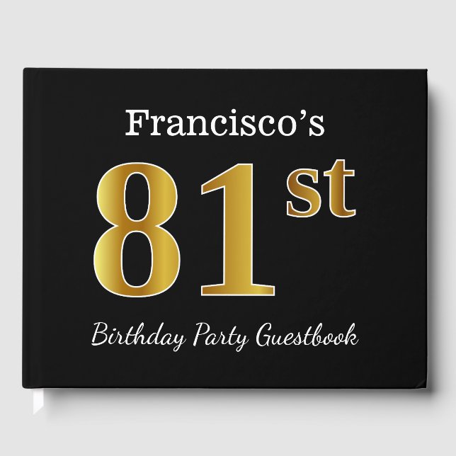Libro De Visitas Black, Faux Gold 81st Birthday Party + Custom Name (Anverso)