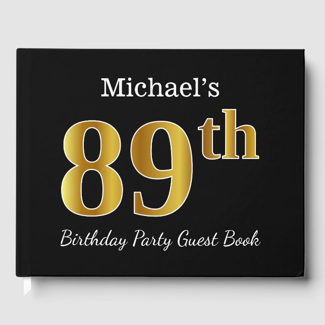 Libro De Visitas Black, Faux Gold 89th Birthday Party + Custom Name (Anverso)
