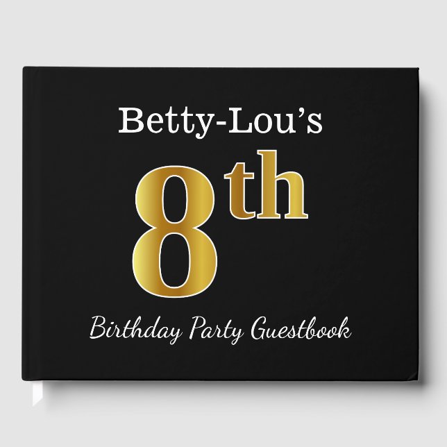 Libro De Visitas Black, Faux Gold 8Cumpleaños Party + Custom Name (Anverso)