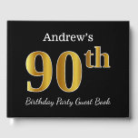 Libro De Visitas Black, Faux Gold 90th Birthday Party   Custom Name<br><div class="desc">El diseño de este libro de huéspedes incluye el número ordinal "90" con un aspecto de oro falso. También cuenta con un nombre personalizado y un fondo de color negro. Se podría usar en un fiesta para alguien que celebre su cumpleaños número noventa. [~Z0000054]</div>
