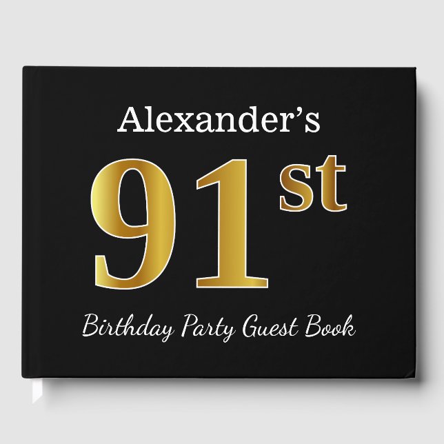 Libro De Visitas Black, Faux Gold 91st Birthday Party + Custom Name (Anverso)