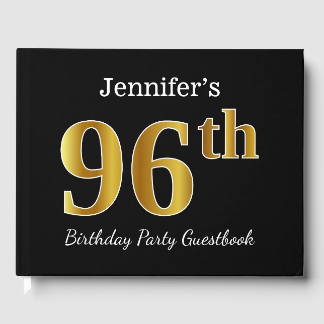 Libro De Visitas Black, Faux Gold 96th Birthday Party + Custom Name (Anverso)