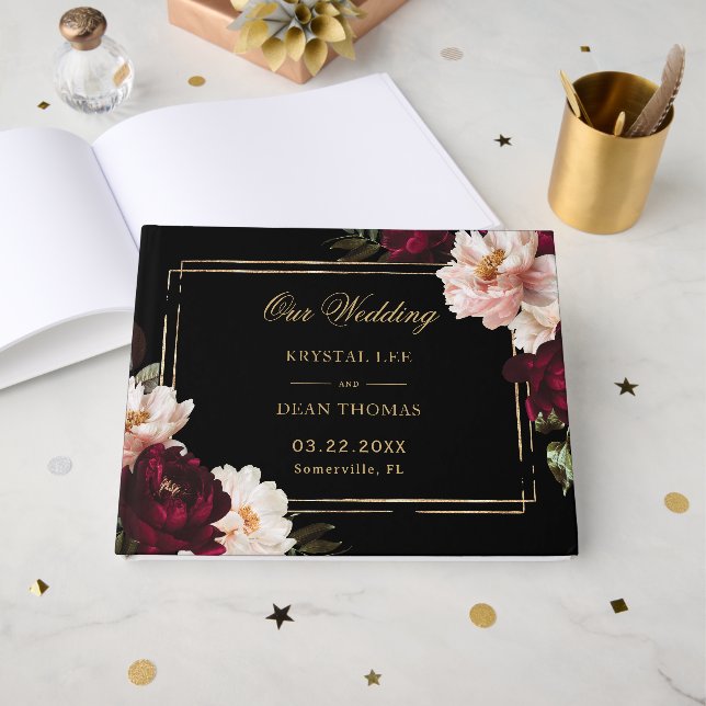 Libro De Visitas Black Moody Burgundy Blush Floral Wedding Seating  (Anverso Abierto)