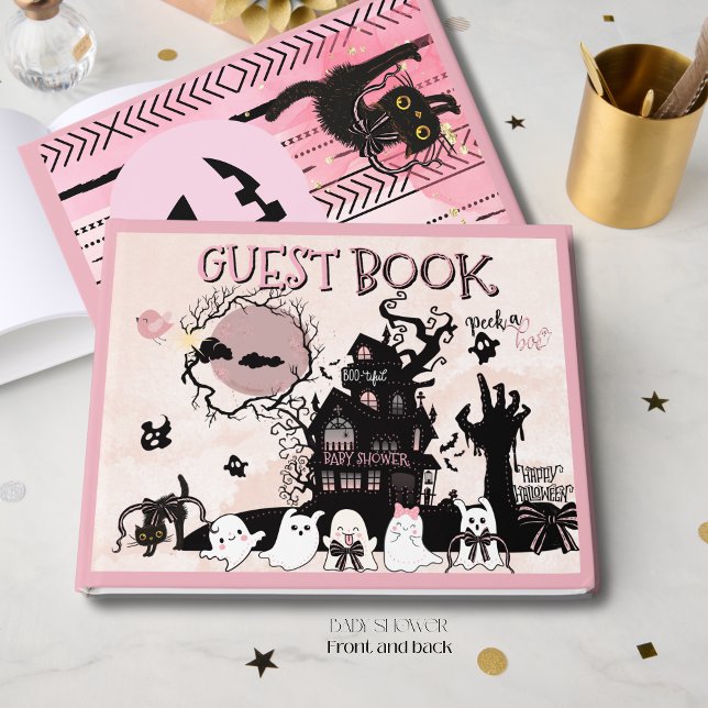 Libro De Visitas Black Peek rosa un boo Baby Shower de Halloween (Pink Black Peek a Boo Halloween Baby Shower Guest Book)
