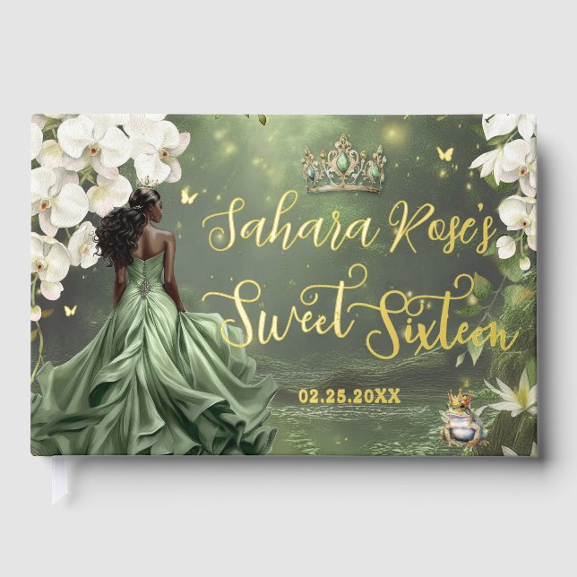 Libro De Visitas Black Princess and Frog Sage Green Dress Sweet 16  (Anverso)