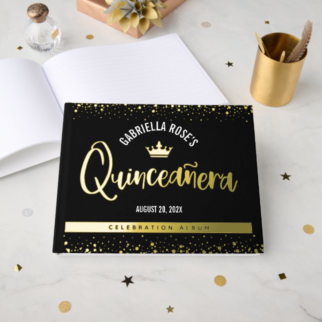 Libro De Visitas Black Quinceañera Crown Script Bold Real Relieve m (Anverso Abierto)