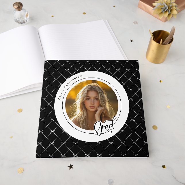 Libro De Visitas Black White Bows Elegant Moderno Photo Grad (Anverso Abierto)
