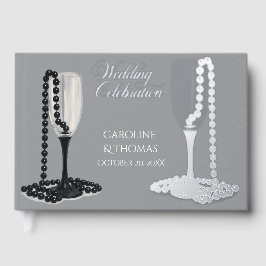 Libro De Visitas Black & White Pearl Champagne Glass Wedding