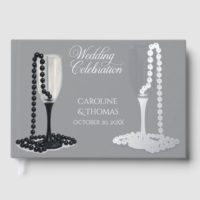 Libro De Visitas Black & White Pearl Champagne Glass Wedding (Anverso)
