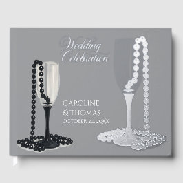 Libro De Visitas Black & White Pearl Champagne Glass Wedding
