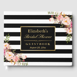 Libro De Visitas Black White Stripes Boda Floral Bridal Shower