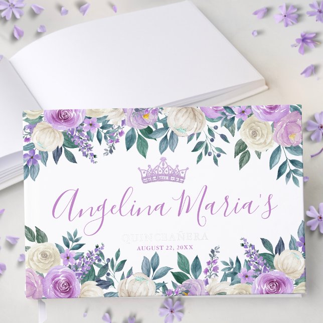 Libro De Visitas Blanco Floral Púrpura Quinceañera (Floral White Purple Quinceanera Foil Guest Book)