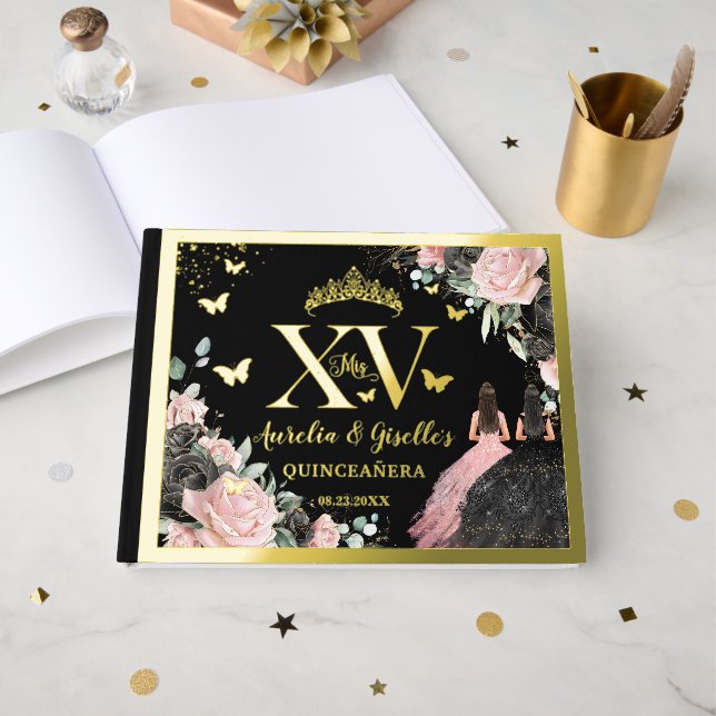 Libro De Visitas Blanco Rosa Flor Quinceañera Quince 15 XV Gemelas (Anverso Abierto)