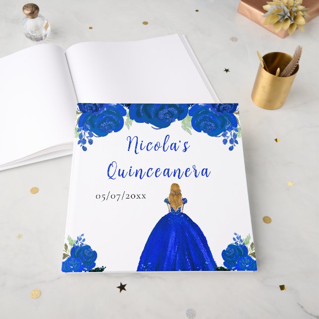 Libro De Visitas Blonde Hair Princess Blue Quinceanera Guest Book (Anverso Abierto)