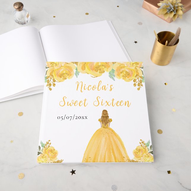 Libro De Visitas Blonde Hair Princess Gold Sweet 16 Guest Book (Anverso Abierto)