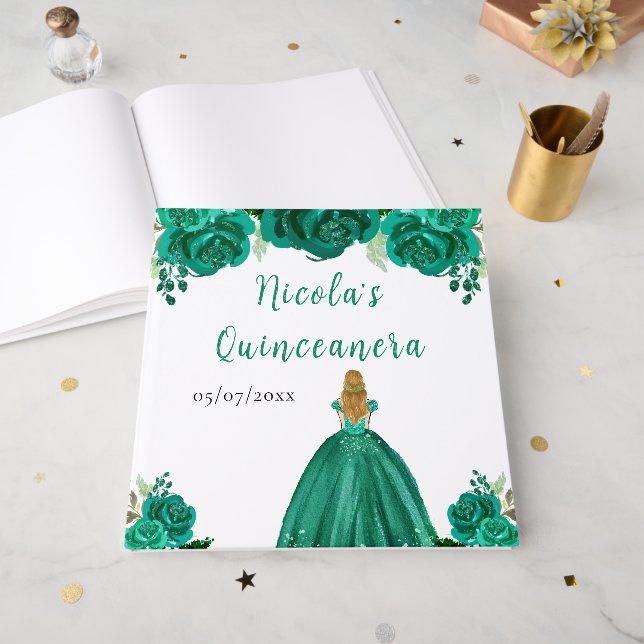Libro De Visitas Blonde Hair Princess Green Quinceanera Guest Book (Anverso Abierto)