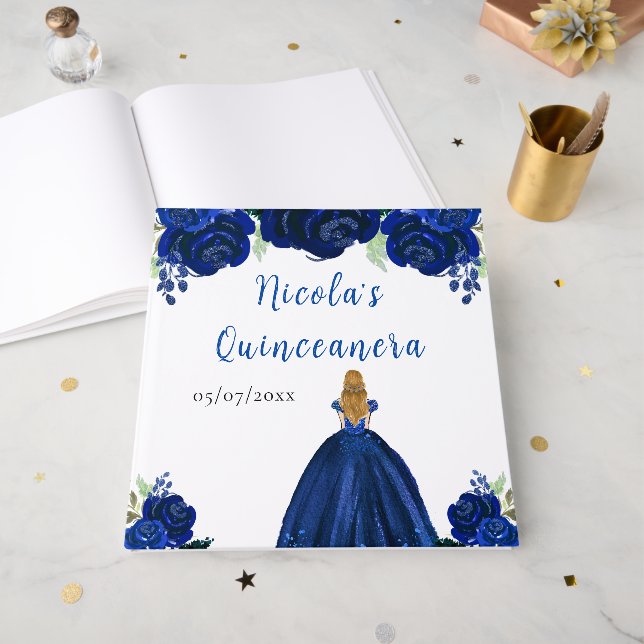 Libro De Visitas Blonde Hair Princess Navy Quinceanera Guest Book (Anverso Abierto)
