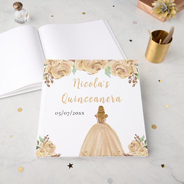 Libro De Visitas Blonde Hair Princess Peach Quinceanera Guest Book (Anverso Abierto)