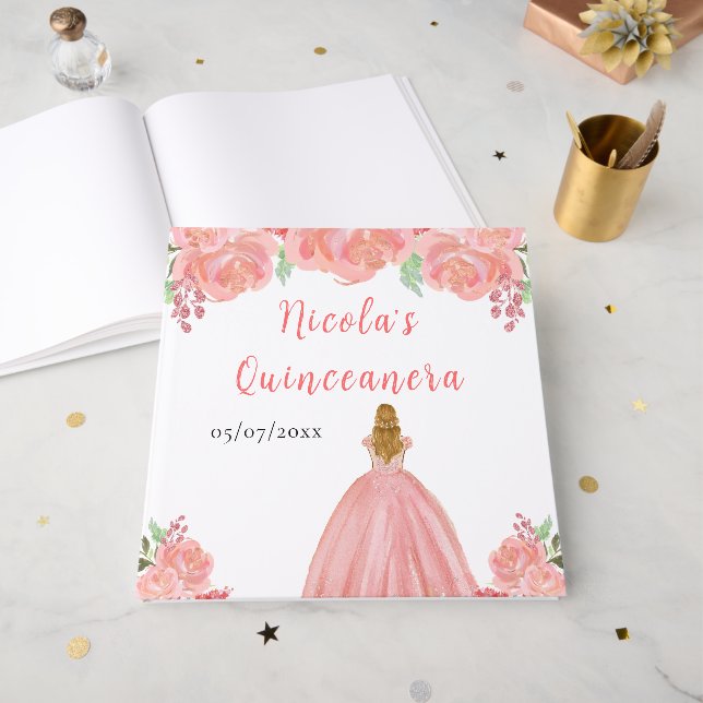 Libro De Visitas Blonde Hair Princess Pink Quinceanera Guest Book (Anverso Abierto)