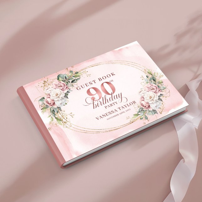 Libro De Visitas Blooming Rose Gold Floral Greenery 90th Birthday  (Blooming Rose Gold Floral Greenery 90th Birthday Guest Book

)