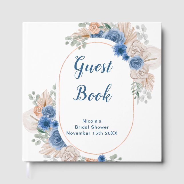 Libro De Visitas Blue Boho Pampas Grass Bridal Shower (Anverso)