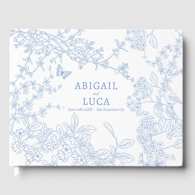 Libro De Visitas Blue Chinoiserie Toile de Jouy Boda Save Date (Anverso)