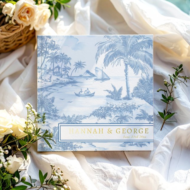 Libro De Visitas Blue Coastal Toile Boda Relieve metalizado dorado  (Subido por el creador)