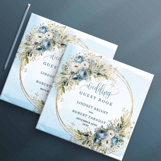 Libro De Visitas Blue Floral Eucalyptus Gold Wedding Sign In Book (Blue Floral Eucalyptus Gold Wedding Sign In Book)