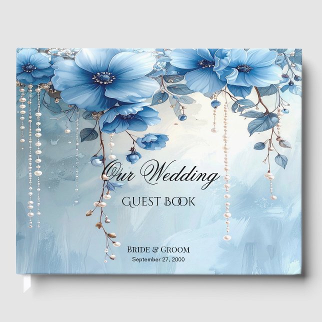 Libro De Visitas Blue Flowers and Pearls Guest Book (Anverso)