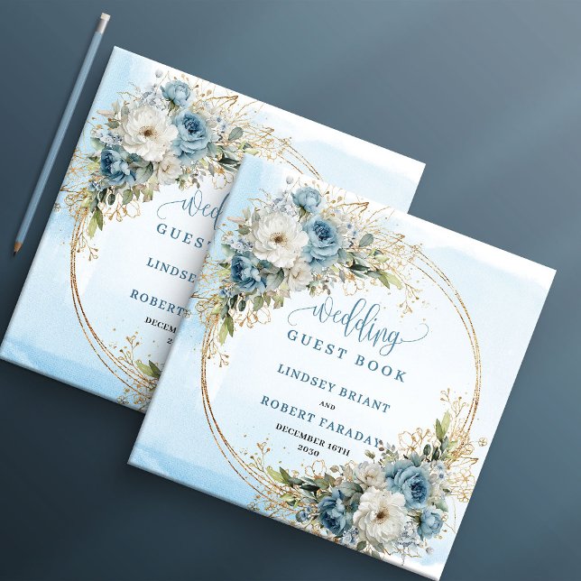 Libro De Visitas Blue Flowers Greenery Gold Wedding Guest Book (Blue Flowers Greenery Gold Wedding Guest Book)