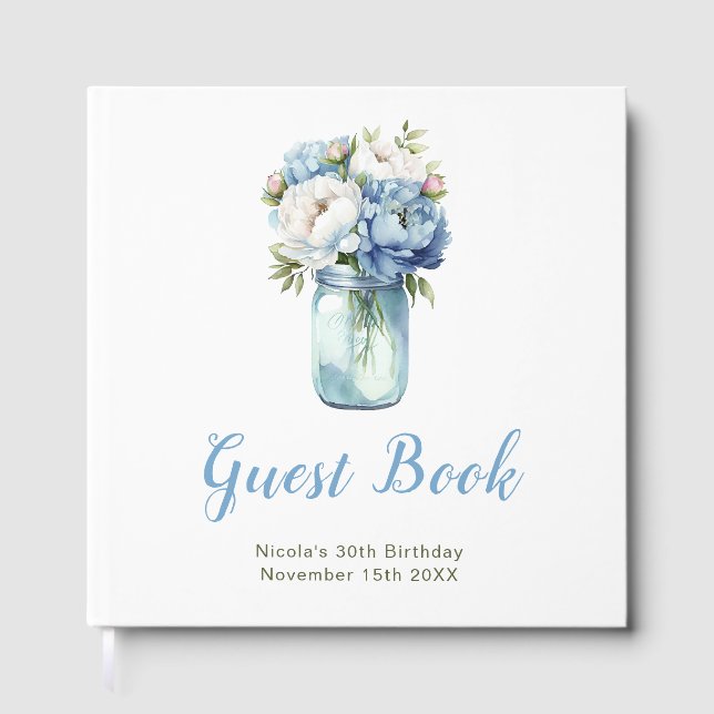 Libro De Visitas Blue Peonies Mason Jar Birthday Party (Anverso)