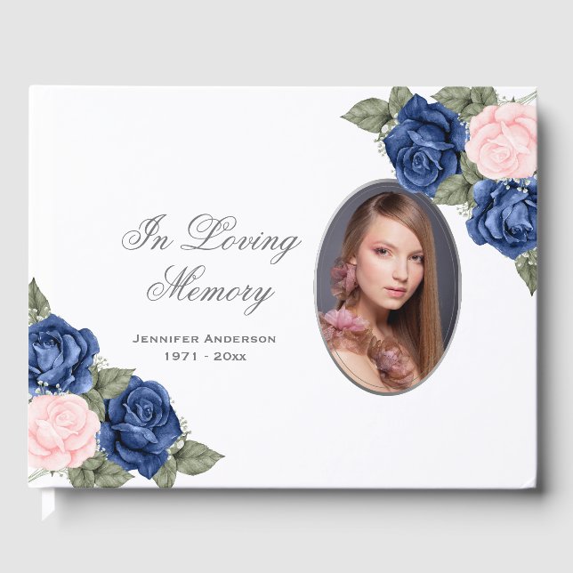 Libro De Visitas Blue Pink Roses Silver Photo Funeral Memorial (Anverso)