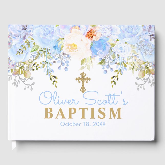 Libro De Visitas Blue Rosa Garden Blue & Gold Baptism (Anverso)