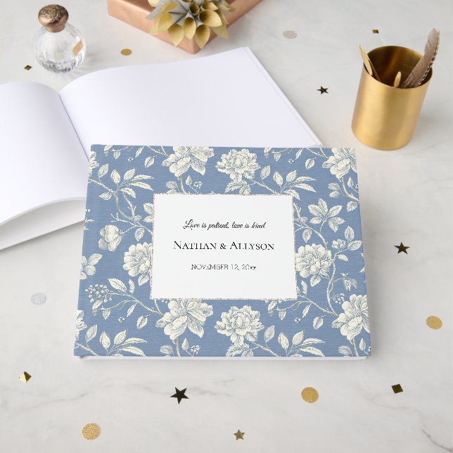 Libro De Visitas Blue White Ivory Flowers Wedding (Anverso Abierto)