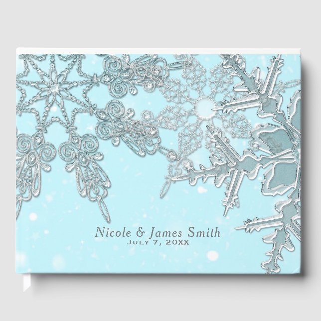 Libro De Visitas Blue Winter Wonderland Elegant Snowflakes Boda (Anverso)