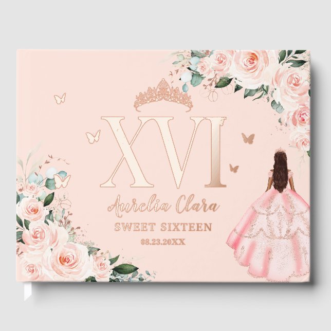 Libro De Visitas Blush Floral Sweet Sixteen 16 XVI Rose Gold (Anverso)