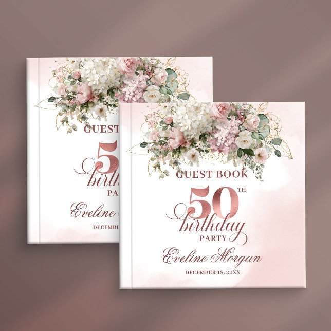 Libro De Visitas Blush Flowers Rose Gold Greenery 50th Birthday   (Blush Flowers Rose Gold Greenery 50th Birthday Party Guest Book

)
