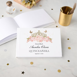 Libro De Visitas Blush Pink Floral Gold Tiara Quinceanera Welcome