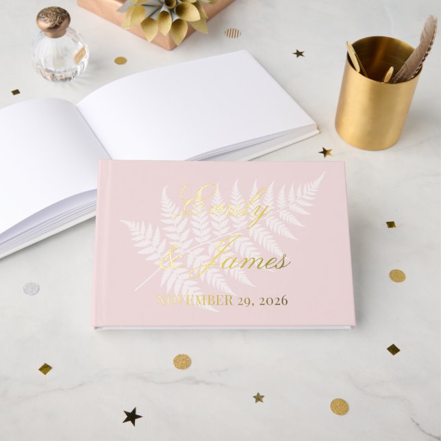 Libro De Visitas Blush Rosa Blanco Helecho Simplemente Elegante Oro (Anverso Abierto)