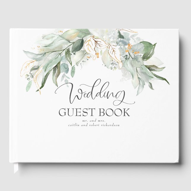 Libro De Visitas Boda acuarela bohemio verde y dorado (Anverso)